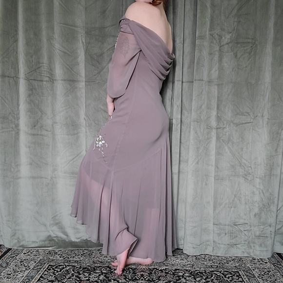 y2k Fairy Boho Regency Whismy Off The Shoulder Brown Embriodered Cocktail Dress - Picture 6 of 16